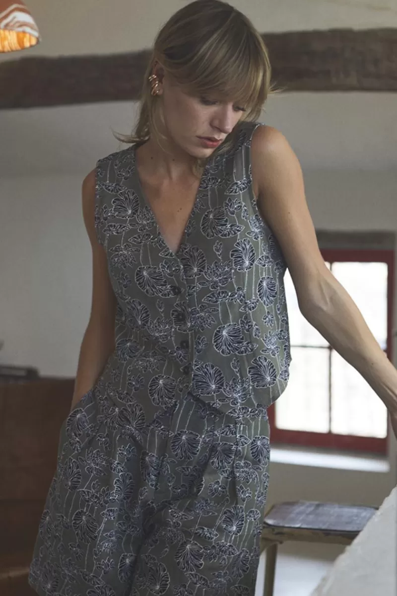 Le Temps des Cerises Tops-Gilet Gish Kaki A Motif Fleuri Lizard