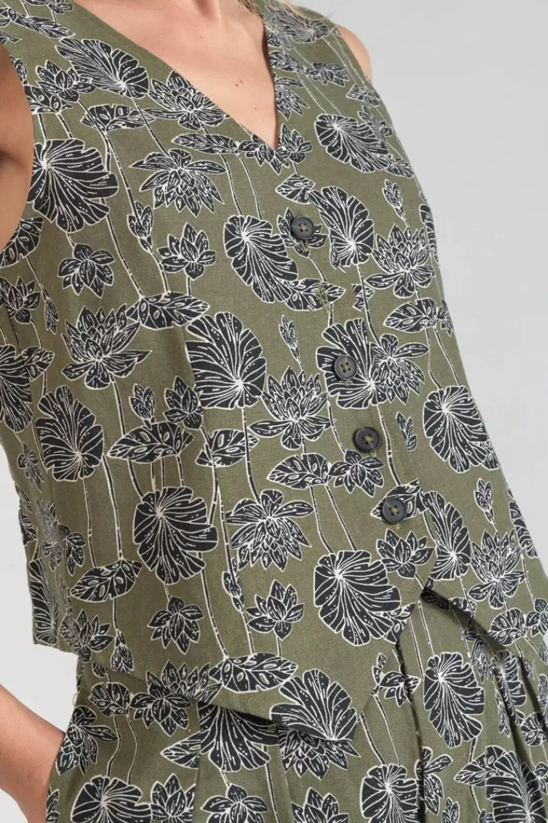 gilet_gish_kaki_a_motif_fleuri_2.webp Le Temps des Cerises Tops-Gilet Gish Kaki A Motif Fleuri Lizard