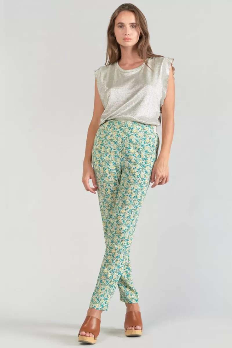 Le Temps des Cerises Pantalons & Chinos-Pantalon Rani A Motif Fleuri Vert Et Bleu Liberty Blue