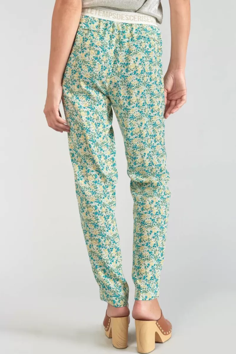 Le Temps des Cerises Pantalons & Chinos-Pantalon Rani A Motif Fleuri Vert Et Bleu Liberty Blue