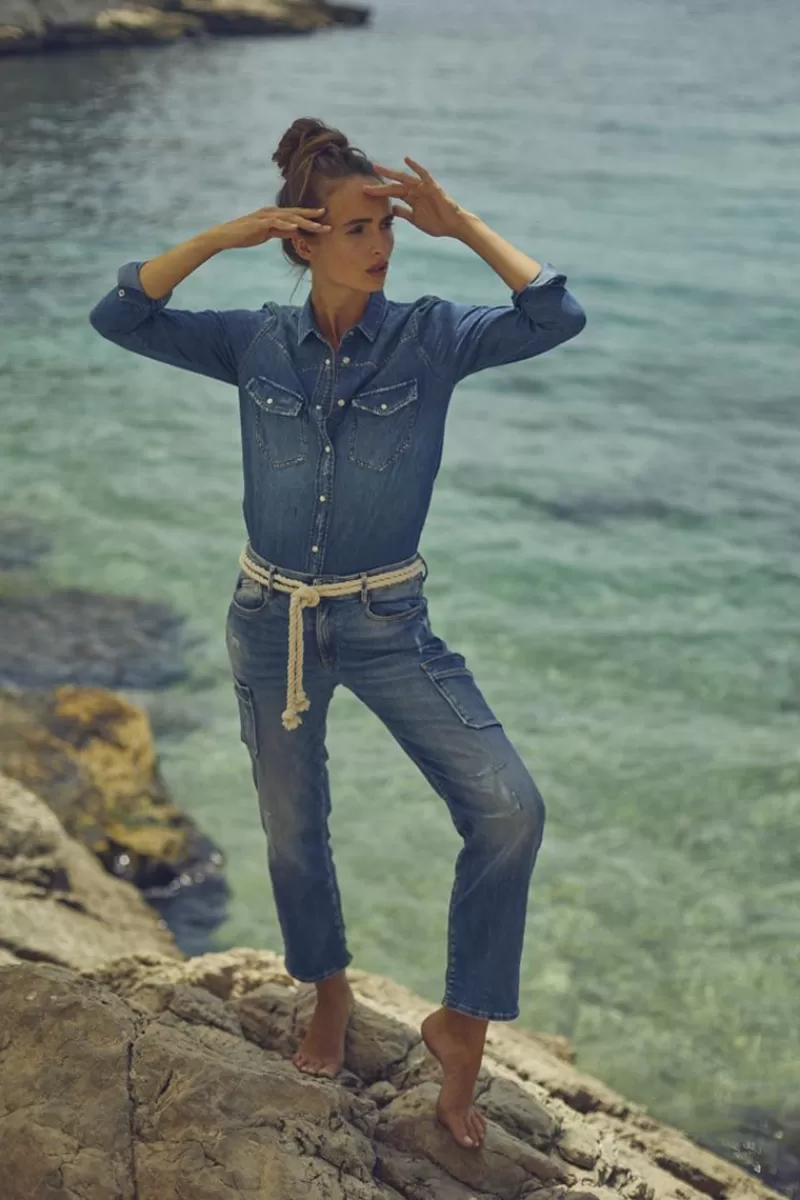 Le Temps des Cerises Coupe Regular-Precieux Taille Haute 7/8Eme Jeans Destroy Bleu N°3 Blue