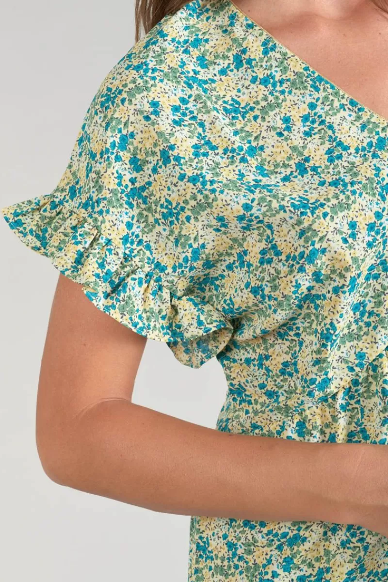 Le Temps des Cerises Robes-Robe Tate A Motif Fleuri Vert Et Bleu Liberty Blue