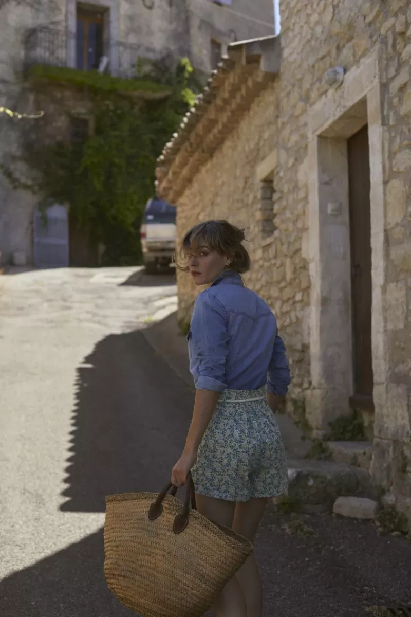 Le Temps des Cerises Shorts & Jupes-Short Lamet A Motif Fleuri Vert Et Bleu Liberty Blue