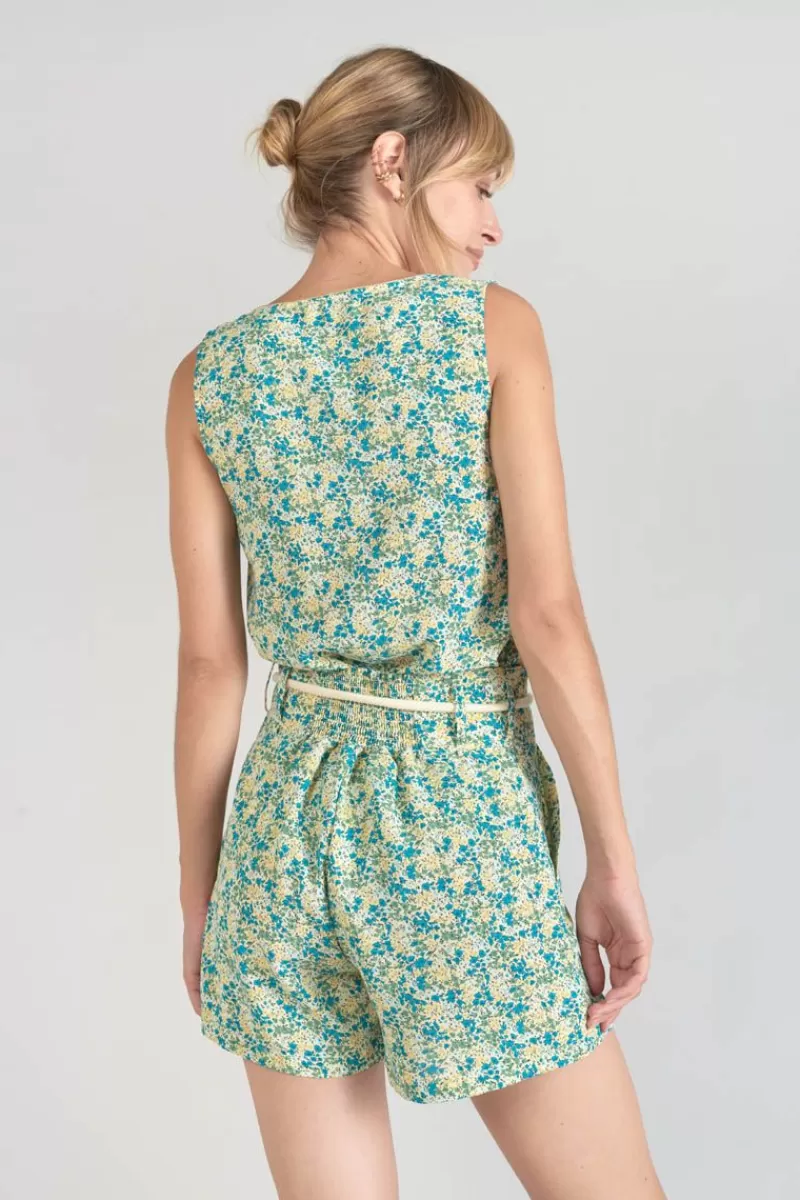 Le Temps des Cerises Shorts & Jupes-Short Lamet A Motif Fleuri Vert Et Bleu Liberty Blue