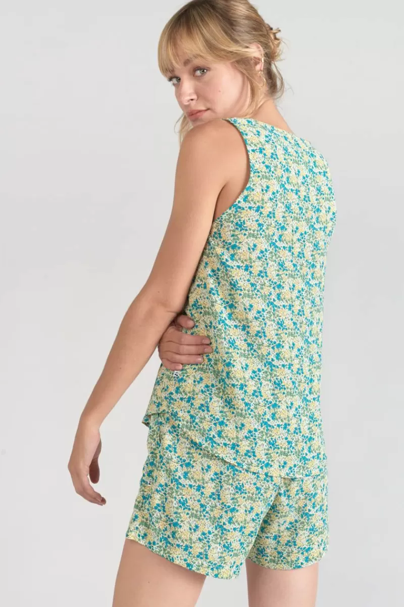 top_craig_a_motif_fleuri_vert_et_bleu_2.webp Le Temps des Cerises Tops-Top Craig A Motif Fleuri Vert Et Bleu Liberty Blue