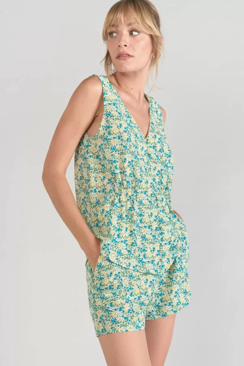 top_craig_a_motif_fleuri_vert_et_bleu_3.webp Le Temps des Cerises Tops-Top Craig A Motif Fleuri Vert Et Bleu Liberty Blue