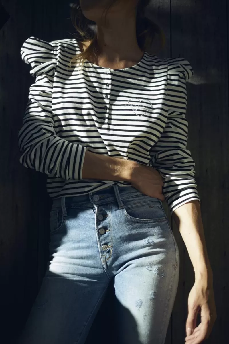 Le Temps des Cerises T-Shirts & Débardeurs-Top Demi A Rayures Noires Et Blanches Black/White Stripes