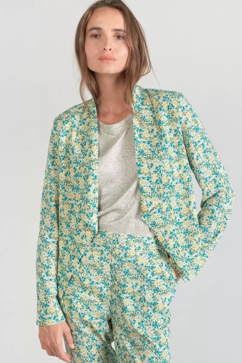 Le Temps des Cerises Vestes & Blousons-Veste Tasha A Motif Fleuri Vert Et Bleu Liberty Blue